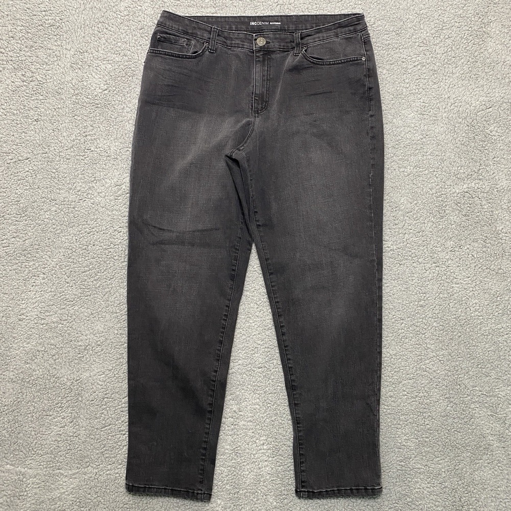 INC Denim Boyfriend Jeans Women 16 Black Denim Medium Wash Faded High Rise